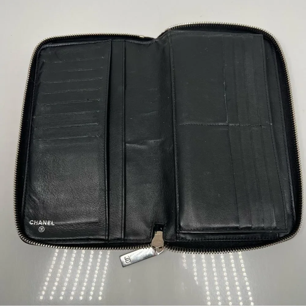Chanel Quilted Black Patent Leather Zip Around Wallet